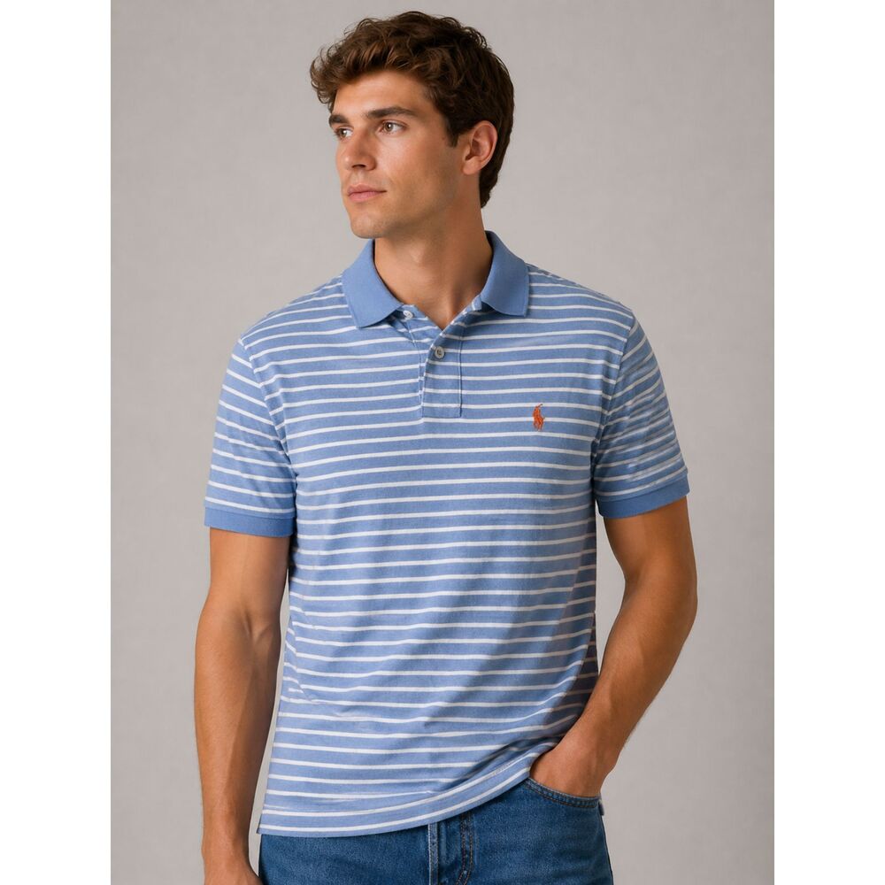 Polo Ralph Lauren Custom Fit Blue White Striped Polo Shirt Men’s Large